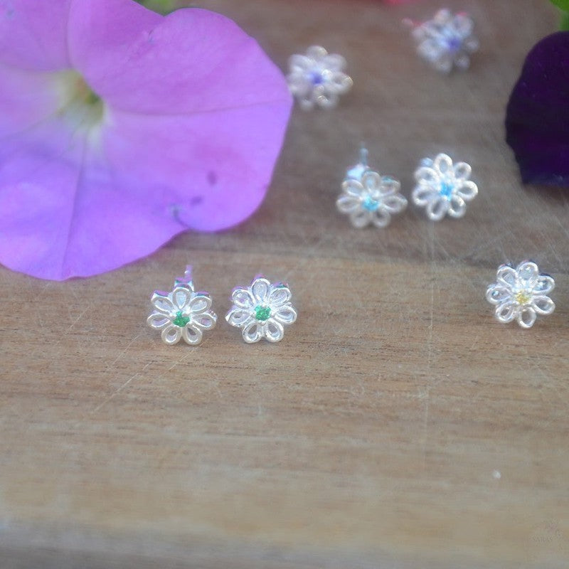 Silver Hexagon Stud Earring with Central Gem