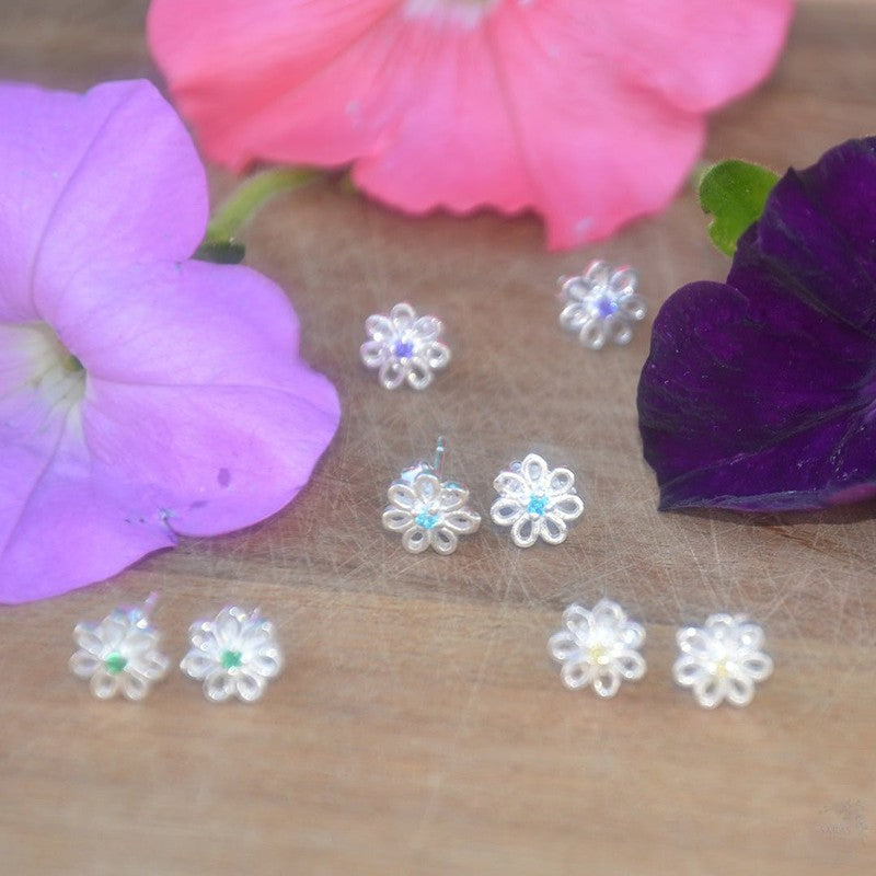 Silver Hexagon Stud Earring with Central Gem