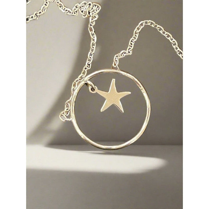 Starry Night: Sterling Silver Shiny Necklace with Round Pendant and Stars