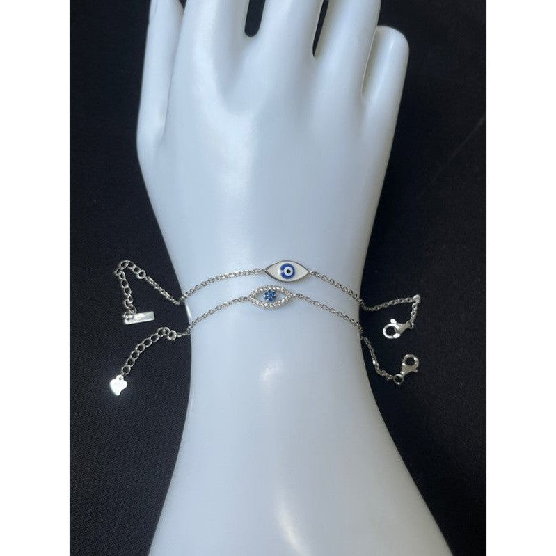 Sterling Silver Double Evil Eye Bracelet – White and Blue with Sparkling Zirconia