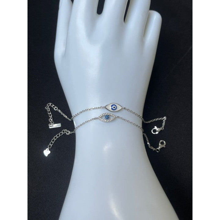 Sterling Silver Double Evil Eye Bracelet – White and Blue with Sparkling Zirconia