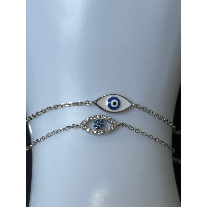 Sterling Silver Double Evil Eye Bracelet – White and Blue with Sparkling Zirconia