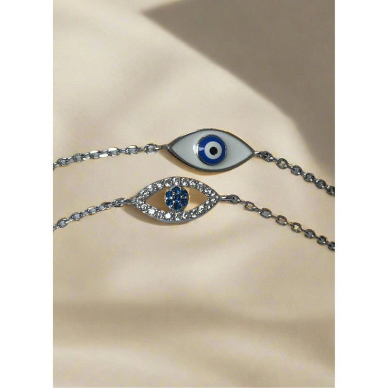 Sterling Silver Double Evil Eye Bracelet – White and Blue with Sparkling Zirconia