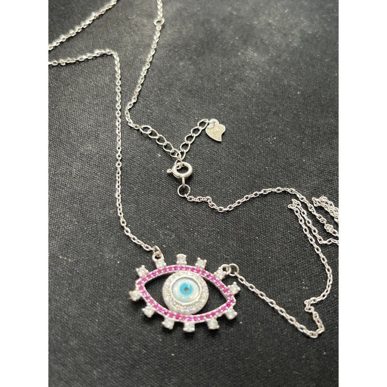 Sterling Silver Evil Eye Necklace with Ruby and Diamond Accents