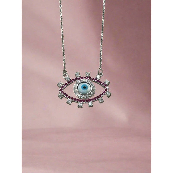 Sterling Silver Evil Eye Necklace with Ruby and Diamond Accents