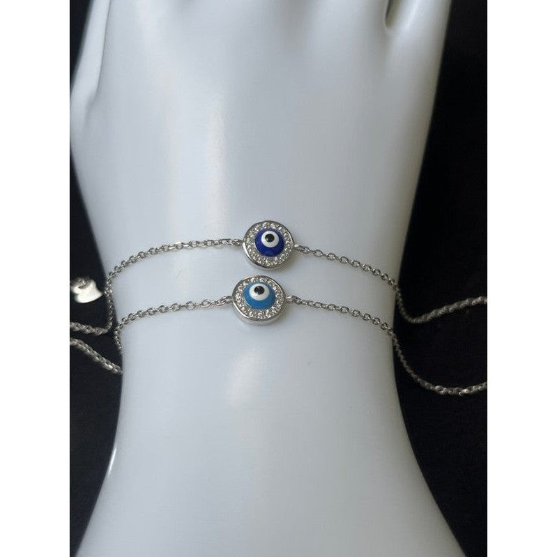 Sterling Silver Orb-Shaped Double Evil Eye Bracelet – Light Blue and Dark Blue with Sparkling Zirconia