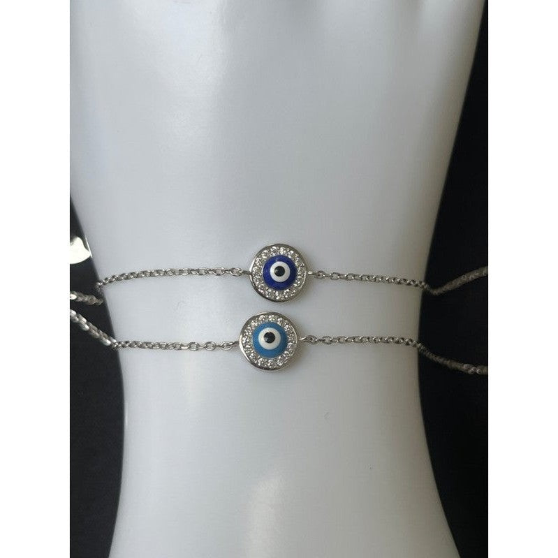 Sterling Silver Orb-Shaped Double Evil Eye Bracelet – Light Blue and Dark Blue with Sparkling Zirconia