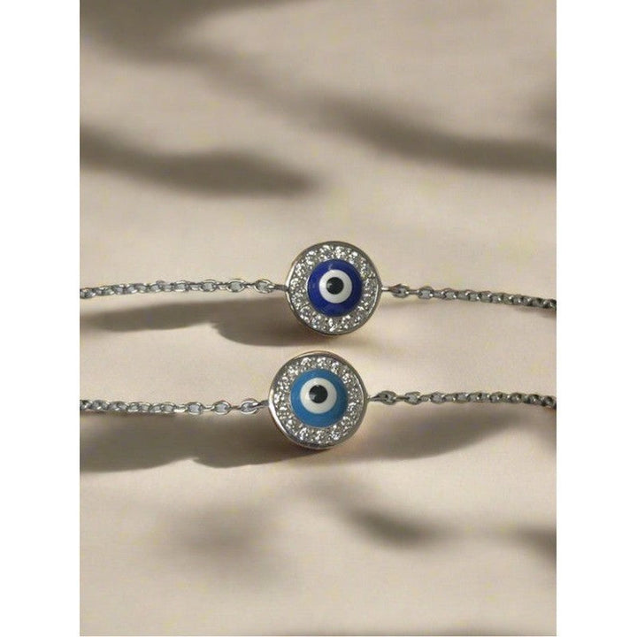 Sterling Silver Orb-Shaped Double Evil Eye Bracelet – Light Blue and Dark Blue with Sparkling Zirconia