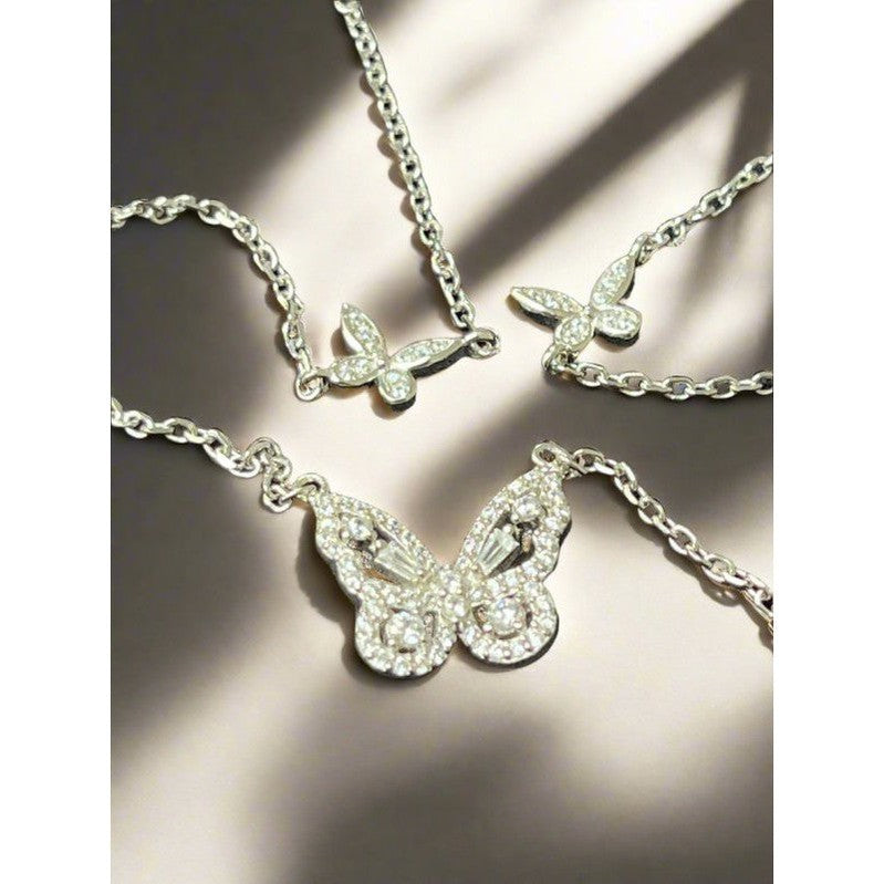 Sterling Silver Triple Butterfly Necklace – Elegant Design with One Large and Two Small Butterflies