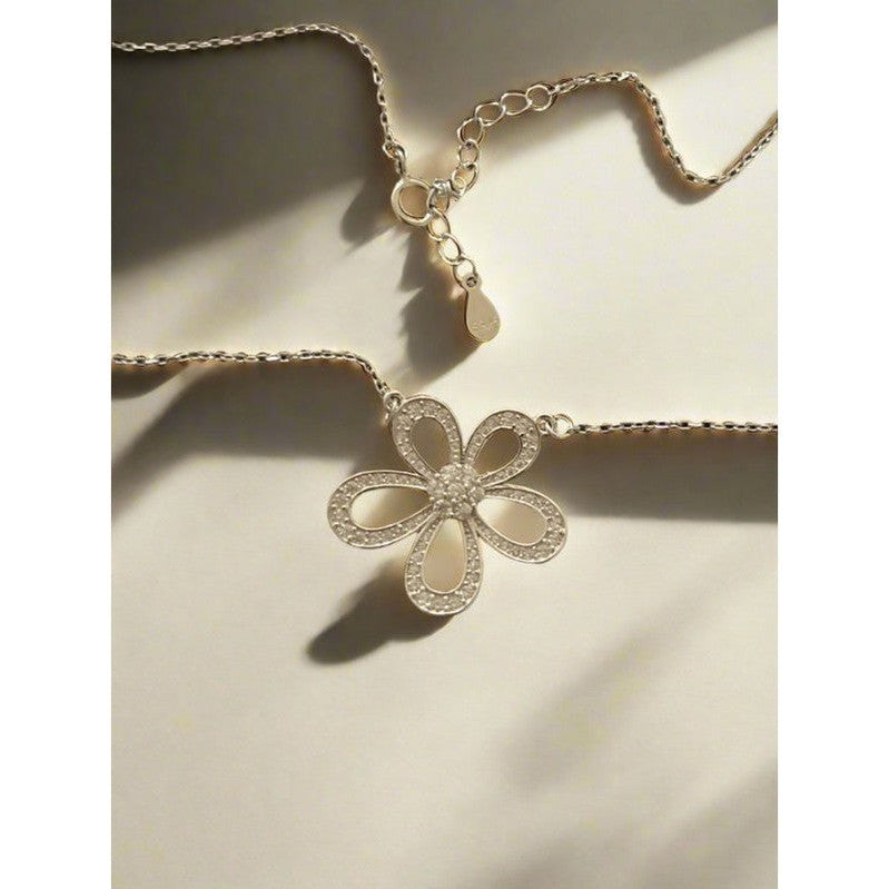 Stunning Sterling Silver Flower Necklace with Radiant Gemstone Center