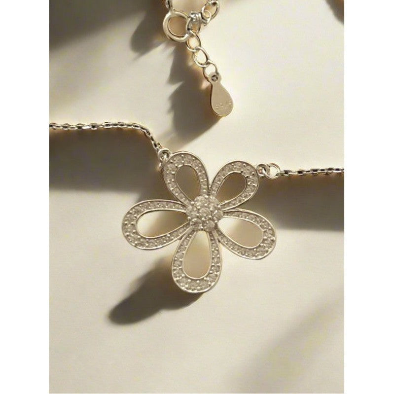 Stunning Sterling Silver Flower Necklace with Radiant Gemstone Center