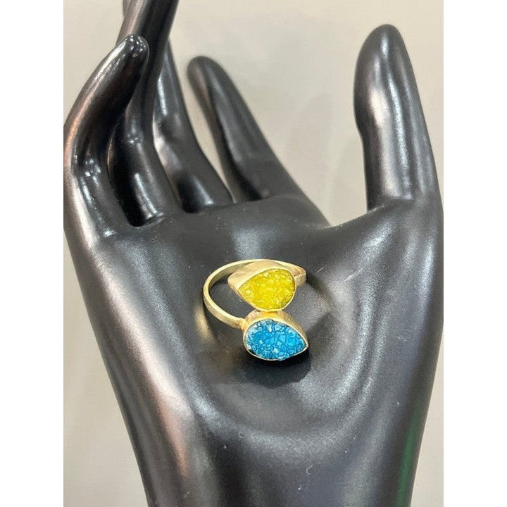 Sunshine Ring: Handmade 18 Karat Gold-Plated Blue & Yellow Druzy Stone Ring