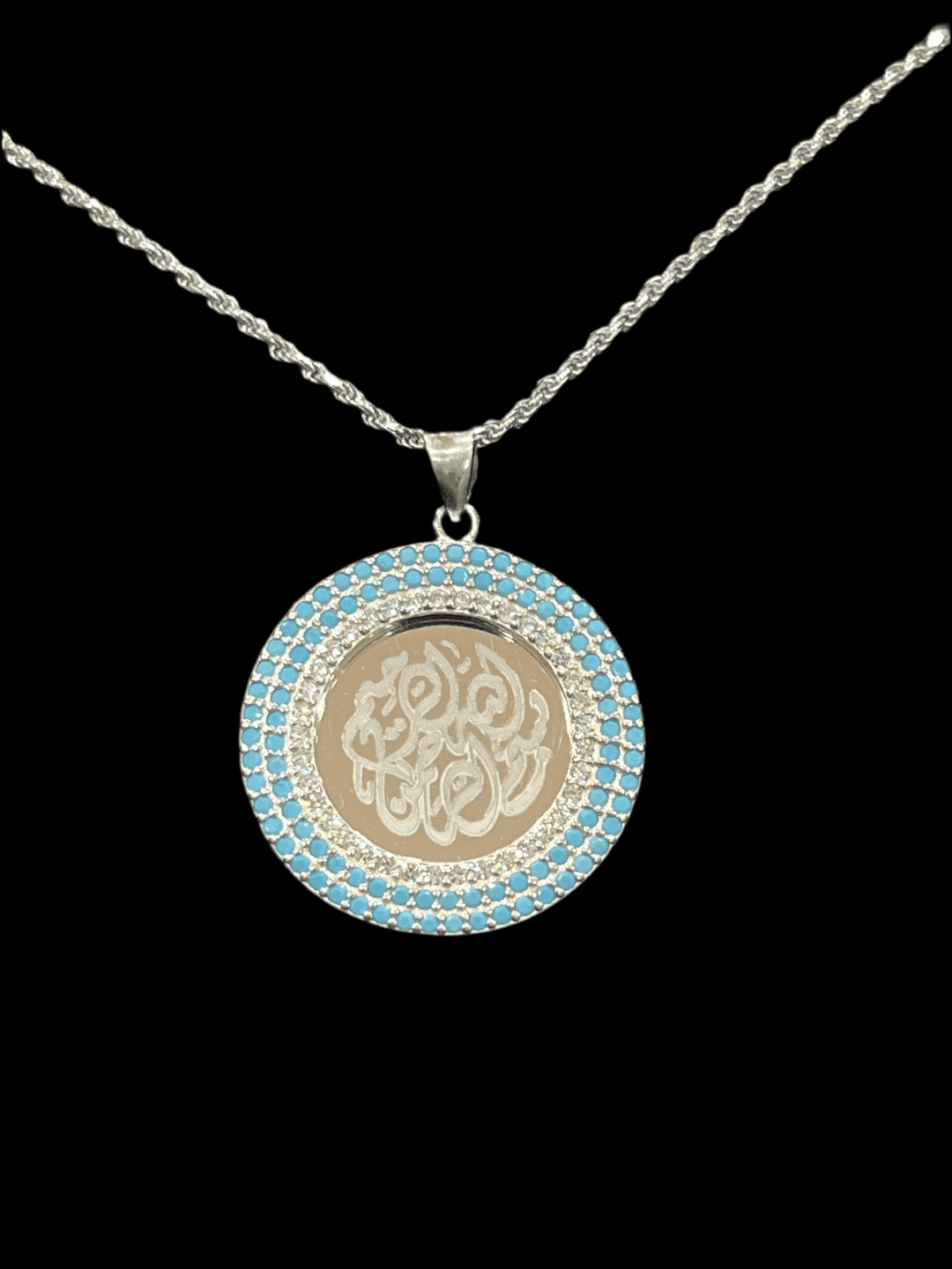 Bismillah Al-Rahman Al-Raheem necklace featuring radiant turquoise & diamond zirconia - Saras Beads & Jewellery