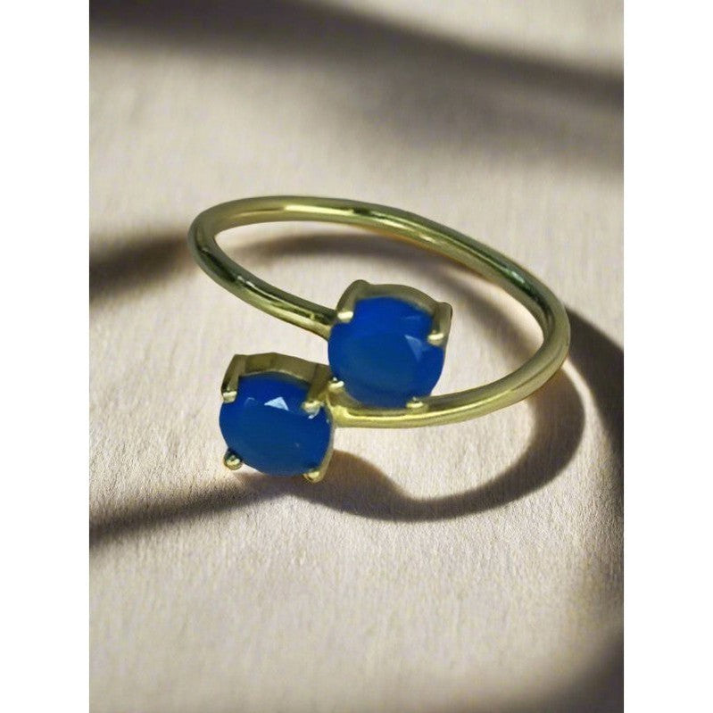 Twinkling Duo: Handmade 18 Karat Gold-Plated Ring with Two Ink Blue Chalcedony stones