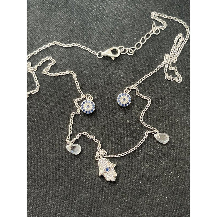 Unique Sterling Silver Necklace: Hamsa Hand with Evil Eye and Diamond Zirconia Accent