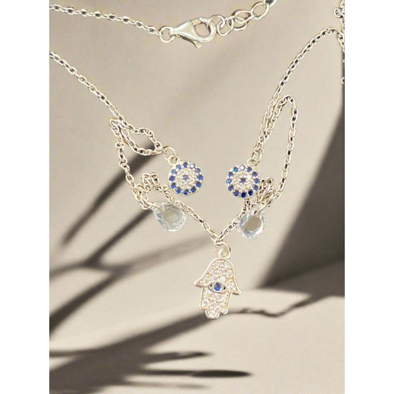 Unique Sterling Silver Necklace: Hamsa Hand with Evil Eye and Diamond Zirconia Accent