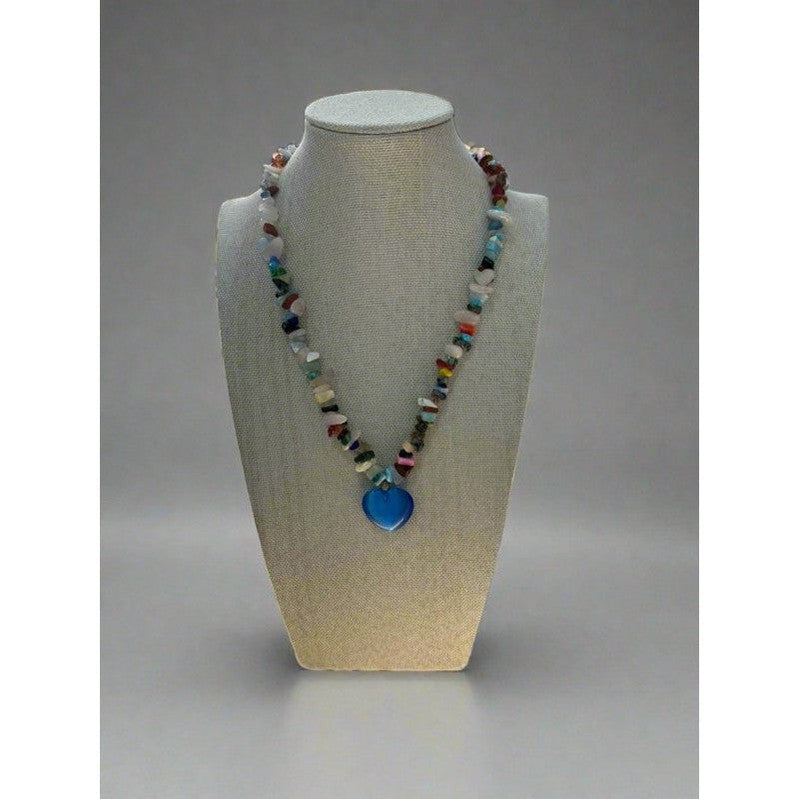 Vibrant Handmade Beaded Necklace with Blue Heart Pendant