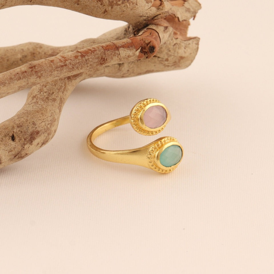 Aqua and pink chalcedony Gemstone Gold Plated Ring - SBJ