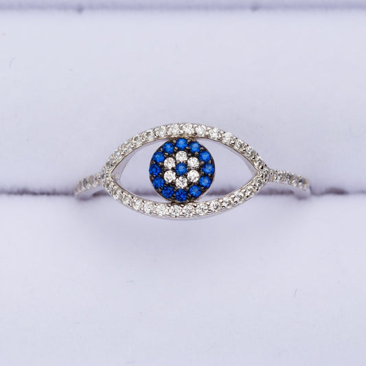 Evil Eye Rhodium Plated Sterling Silver Ring with Sapphire and Zircon - SBJ