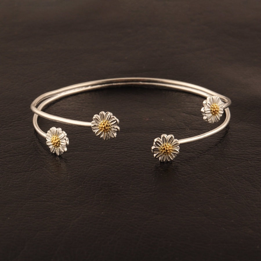Handmade Sterling Silver Bangle with Four Daisies - SBJ