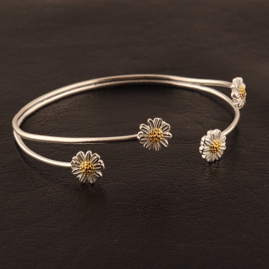 Handmade Sterling Silver Bangle with Four Daisies - SBJ