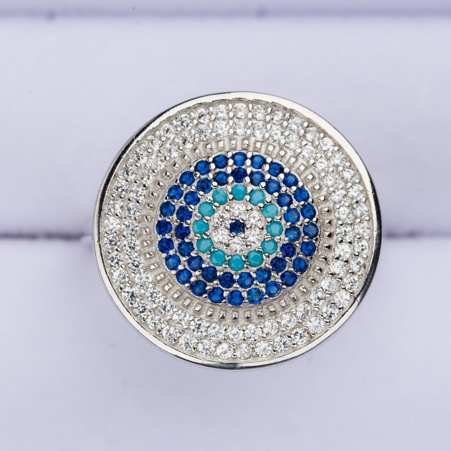Multicoloured Zircon Round Evil Eye Silver Ring - SBJ