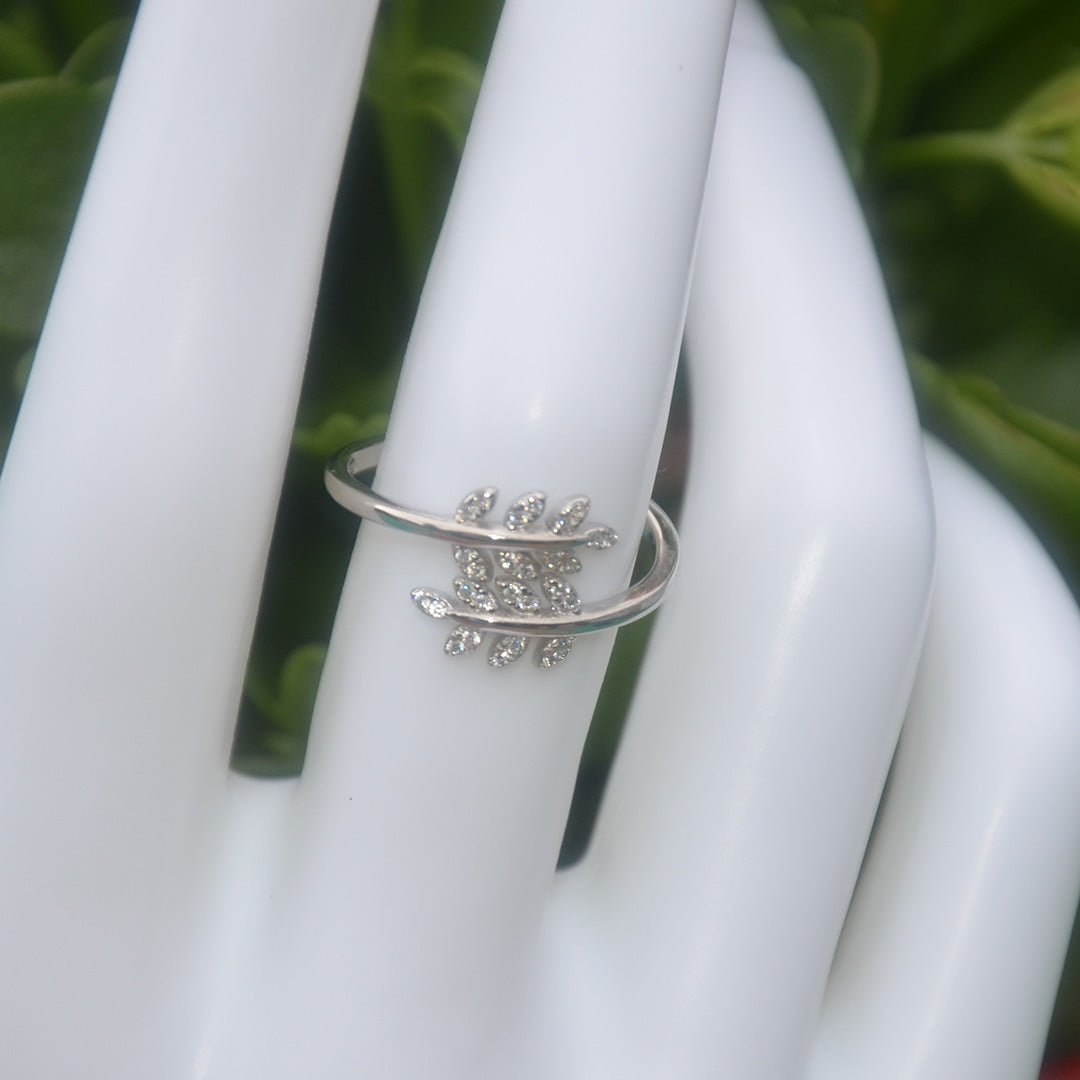 Silver Adjustable Double Leaf Ring with Zircon Accents - SBJ