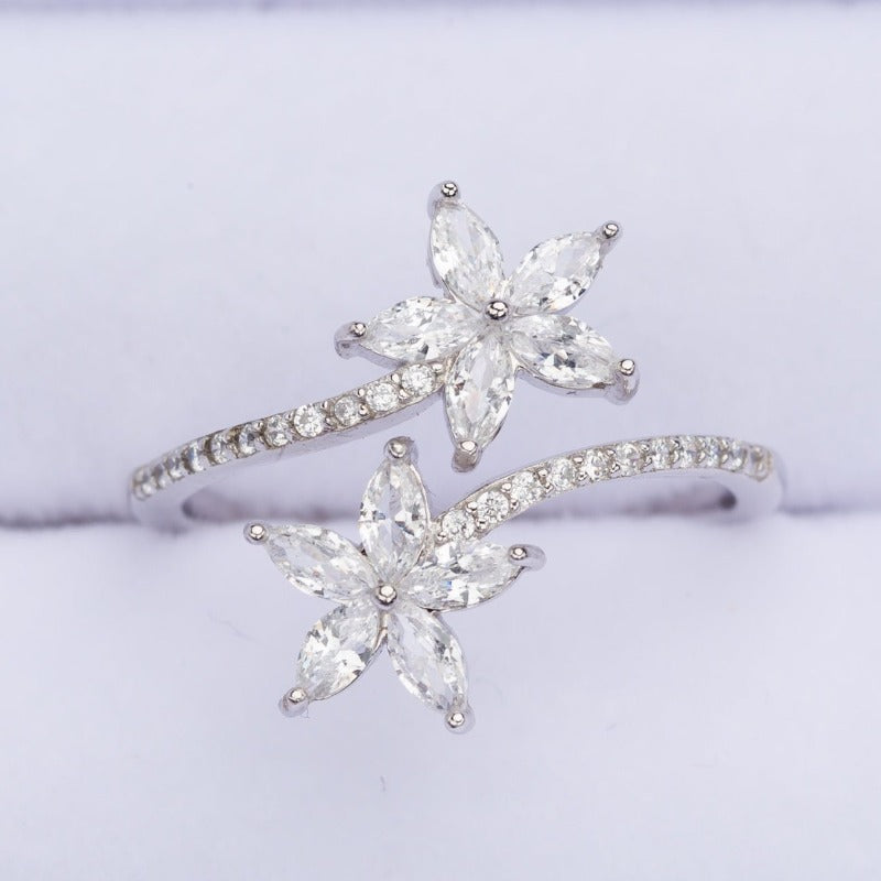 Silver Adjustable Double Star Ring with Zircon Accents - SBJ