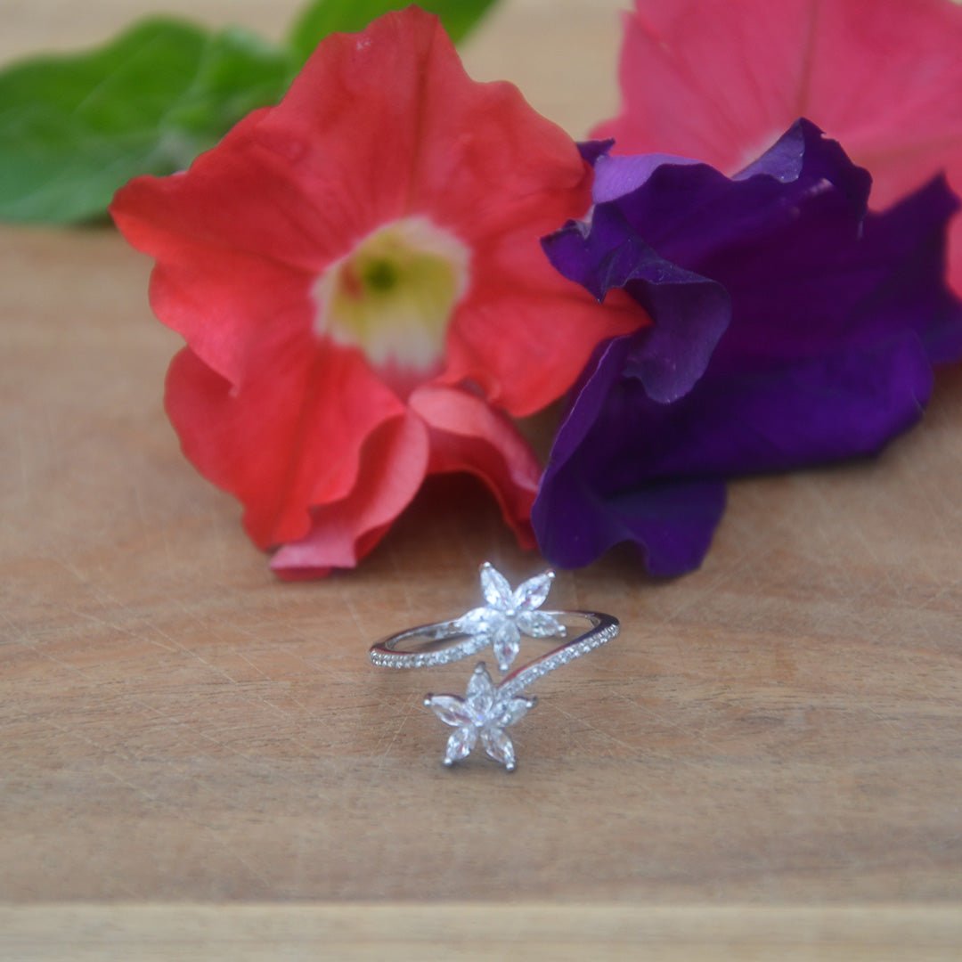 Silver Adjustable Double Star Ring with Zircon Accents - SBJ