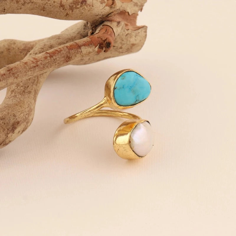 Adjustable Raw Turquoise and Pearl Gold Plated Ring - SBJ