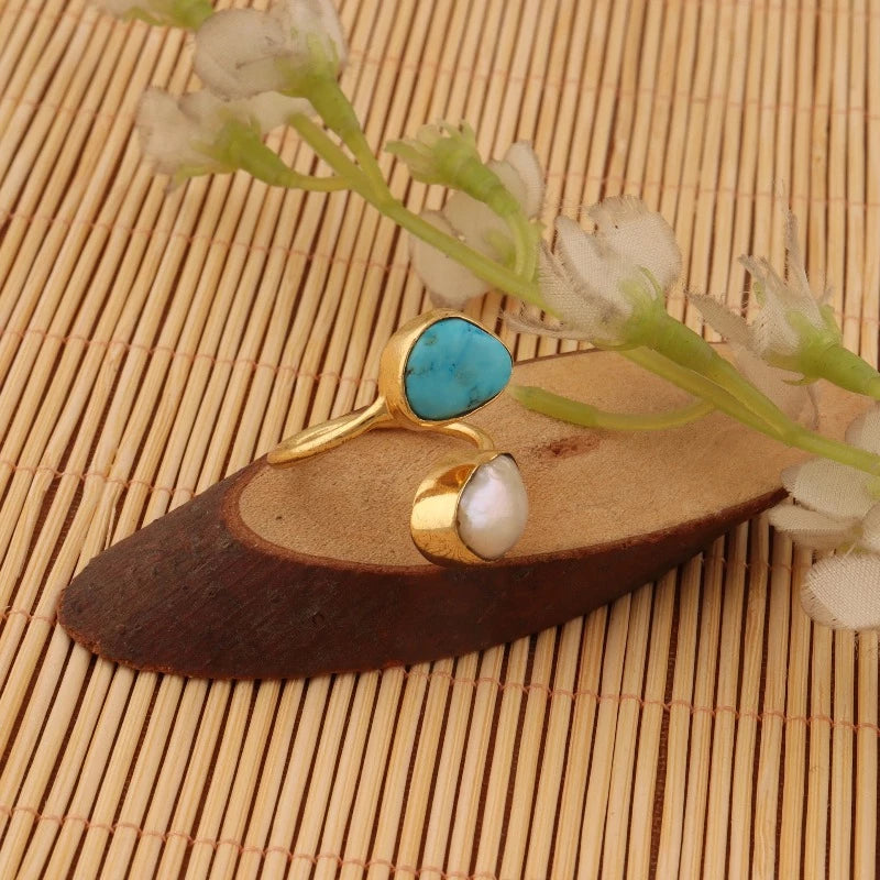 Adjustable Raw Turquoise and Pearl Gold Plated Ring - SBJ