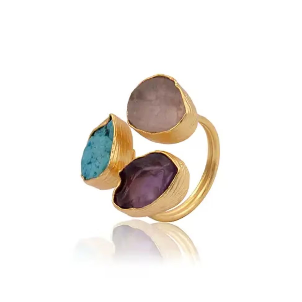 Tranquil Harmony Gold Plated Ring With Three Gemstones - SBJ