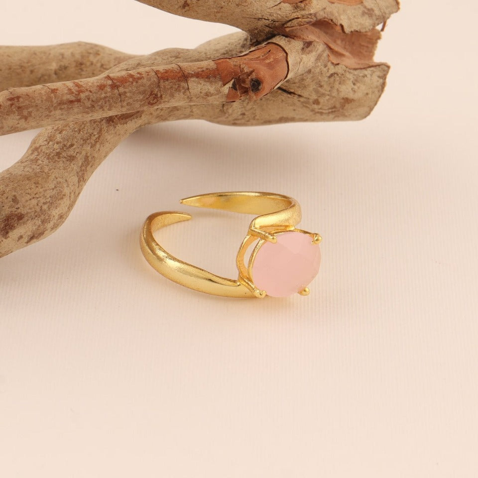 Unique Pink Chalcedony Gold Plated Adjustable Ring - SBJ